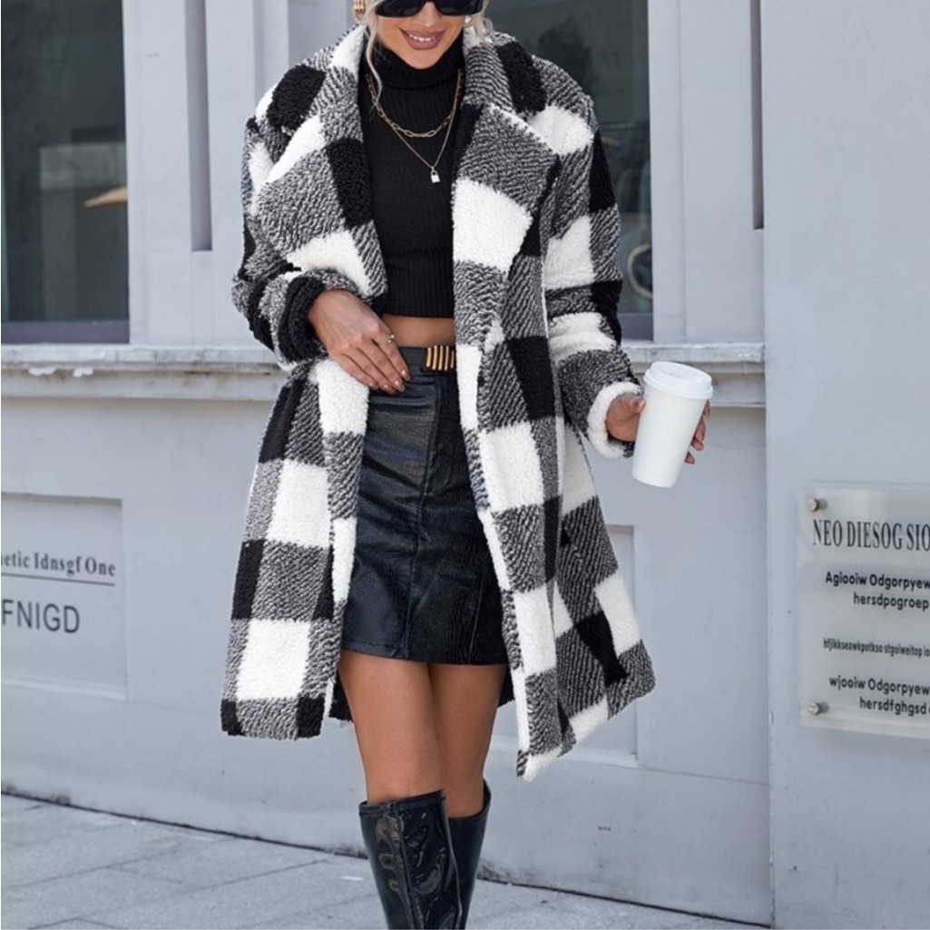 Luxe Cozy Buffalo Plaid Flannel Open Front Coat Jacket